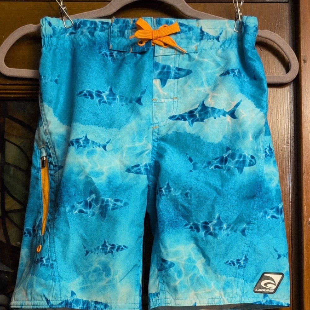 Laguna B Blue Shark Print Swim Trunks with Orange Tie